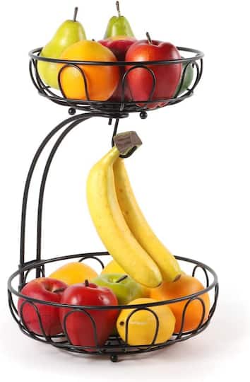 NEX™ 15" Black 2 Tier Fruit Basket Storage Holder with Banana Hanger